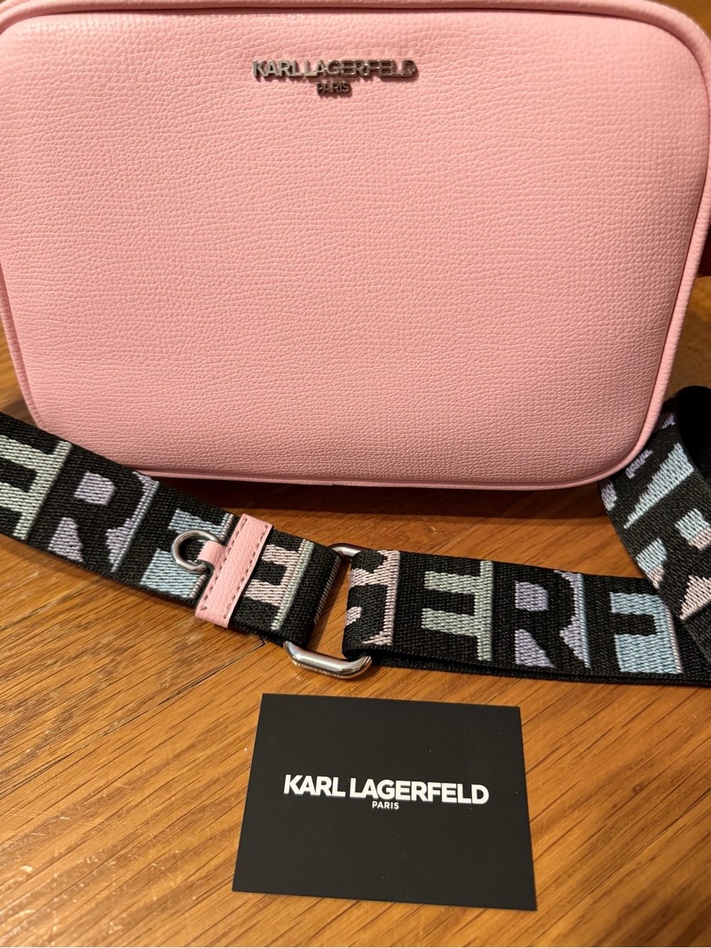 Karl Lagerfeld Pink Crossbody Purse/Camera Bag with Branded Black Strap - New!